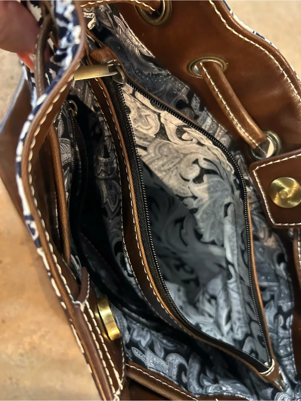 Fossil Navy and Brown Drawstring Tote Bag